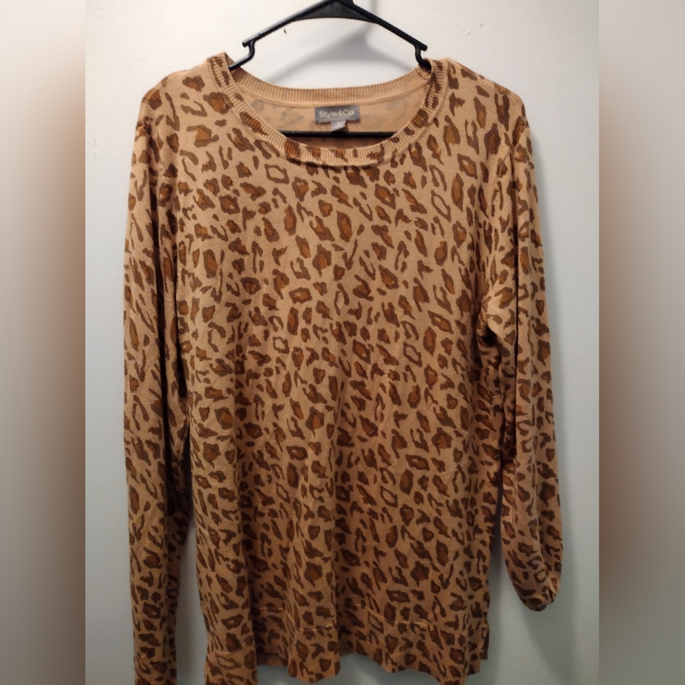 Style & Co. Leopard Print Crewneck Sweater in Tan and Brown